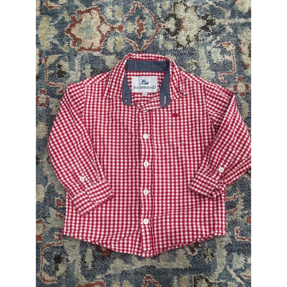 Southbound Button Down Shirt Kids 3T Red Gingham Long Sleeve EUC